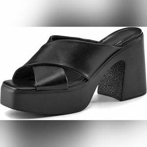 Womens Slides Sandals Square Open Toe Crisscross Strap Heels Summer Platform Chu